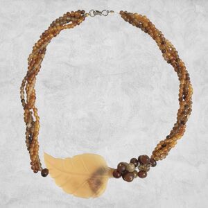 Vintage Amber Beaded Statement Necklace Brown Beige Leaf Multi Strand Hippie